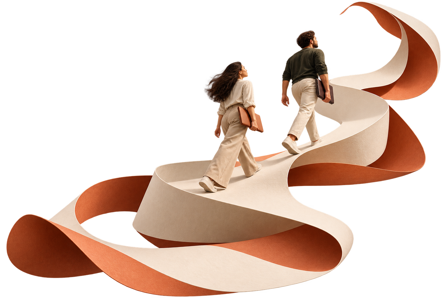 Two professionals ascending a sculptural ivory and terracotta pathway