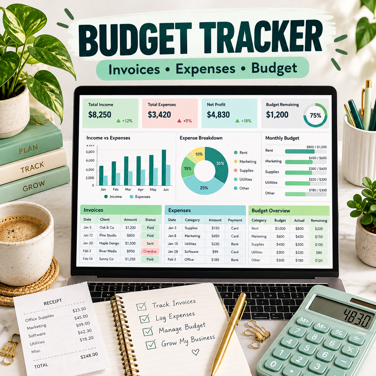 Invoice, Expense and Budget Tracker in Excel or Google Sheets: Simple Templates